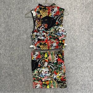 Ed Hardy Multicolor Graphic Mini  Skirt and top Set XS NWT